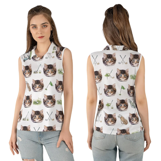 Womens Custom Cat Photo Sleeveless Golf Shirt, Custom Pet Faces Golf Shirts For Ladies GE0555