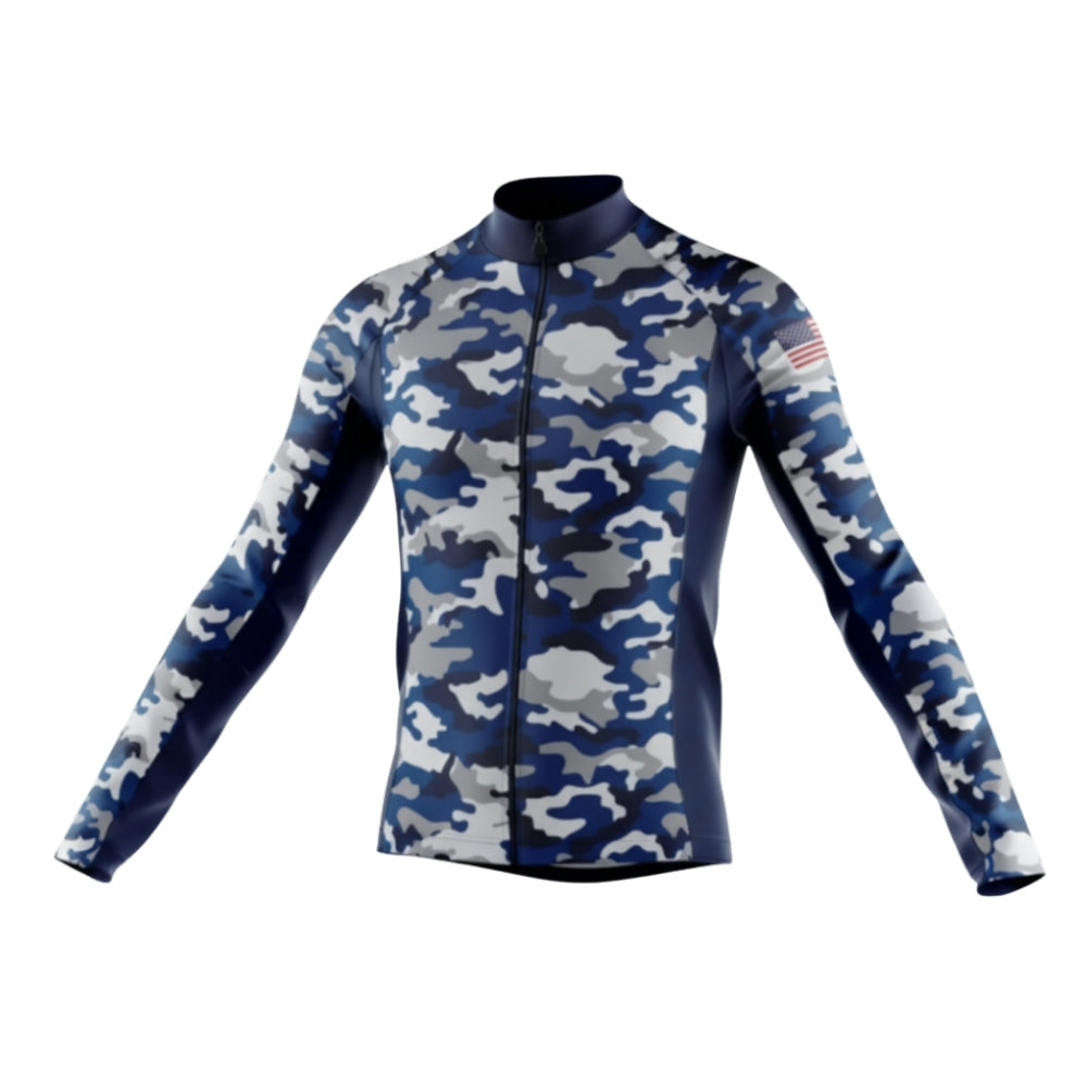 Men's Blue Camo Cycling Long Sleeve Jersey For Men, Camouflage Cycling Jerseys CG0724