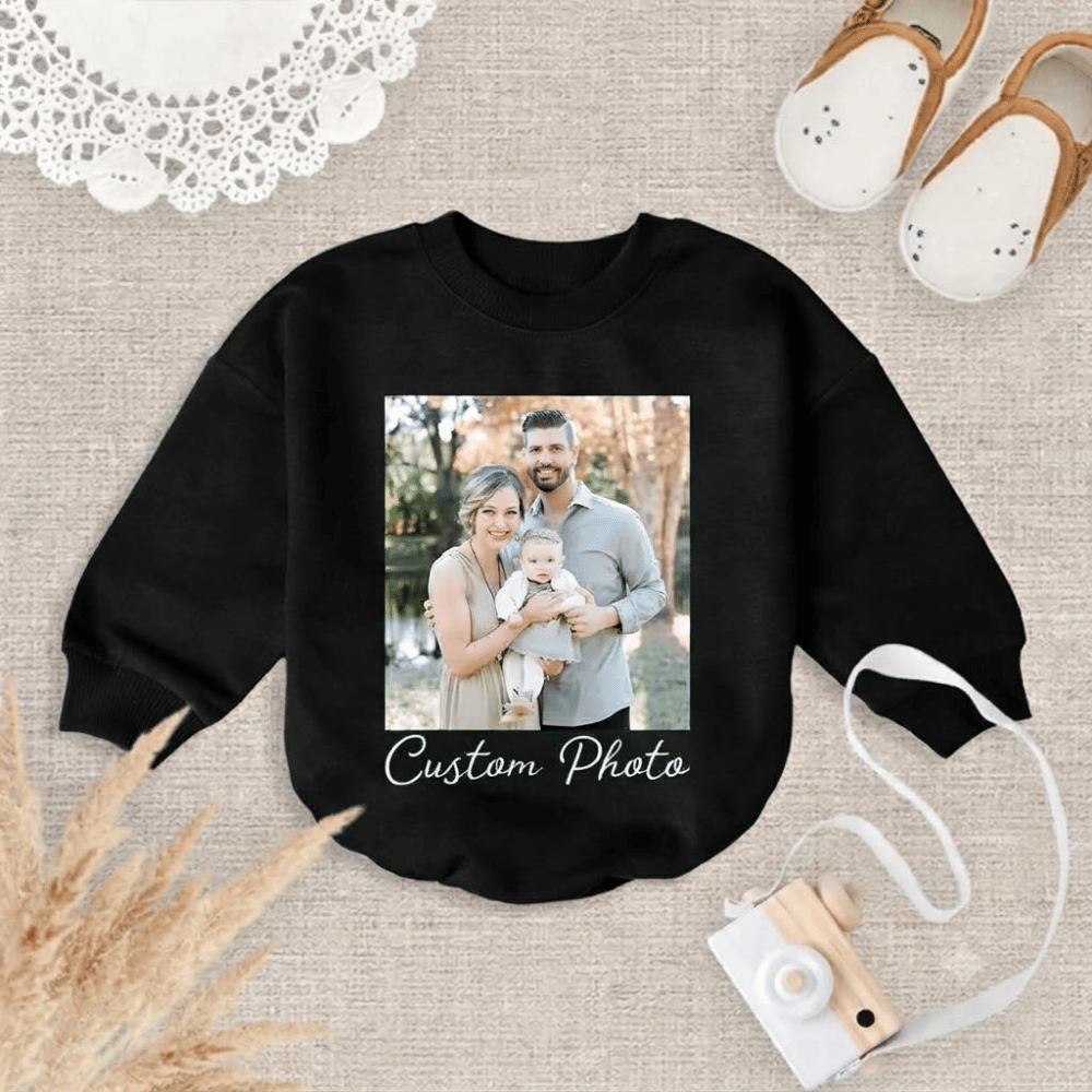 Custom Photo And Text Baby Romper Sweatshirt, Personalized Photo Baby Romper Sweater BB0958