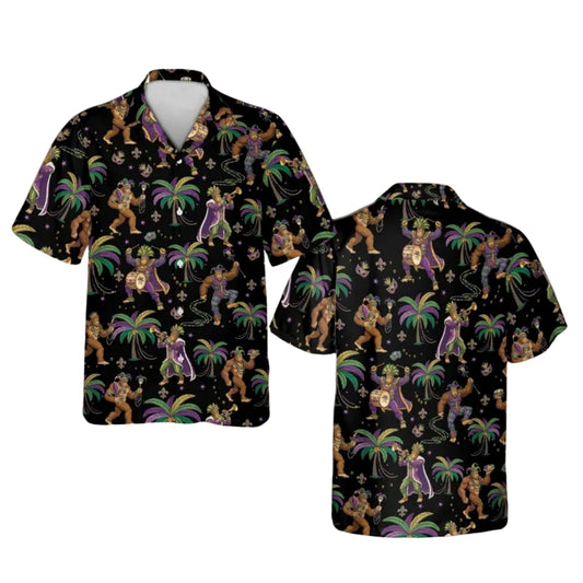 Funny Bigfoot Mardi Gras Hawaiian Shirt Men Women, Sasquatch Mardi Gras Hawaiian Shirts HE0002