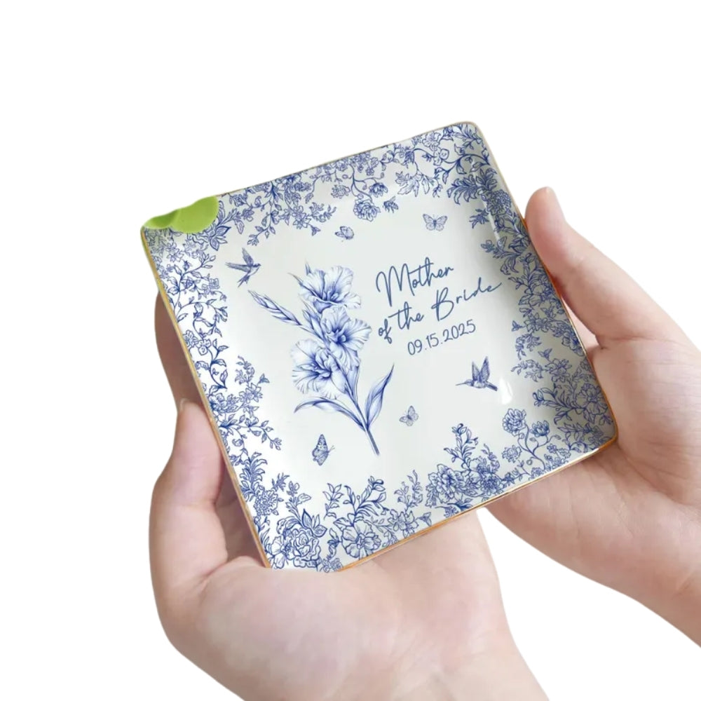 Custom Toile De Jouy Mother Of The Bride & Groom Jewelry Dish, Custom Wedding Jewelry Dish For Mother Of The Bride & Groom WD0054