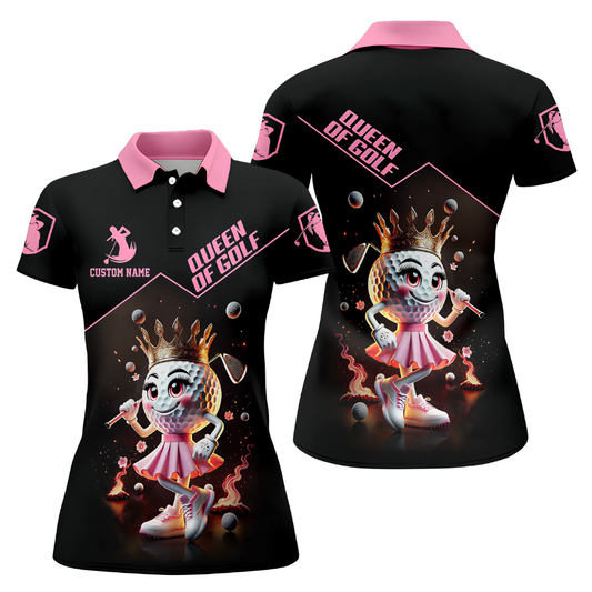 Queen Of Golf Women's Custom Black Pink Golf Polo Shirt, Custom Golf Shirts For Ladies GZ0271
