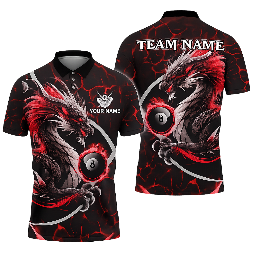 Custom Dragon 8 Ball Red Billiard Polo Shirt For Men, Custom Dragon Billiard Team Shirts BIZ0311