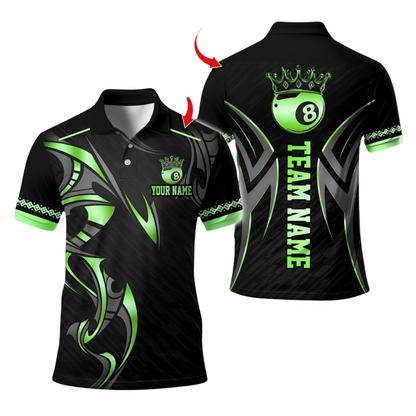 Custom King 8 Ball Black And Gold Billiard Polo Shirt Mens, Custom 8 Ball Pool Team Shirts BIE0065