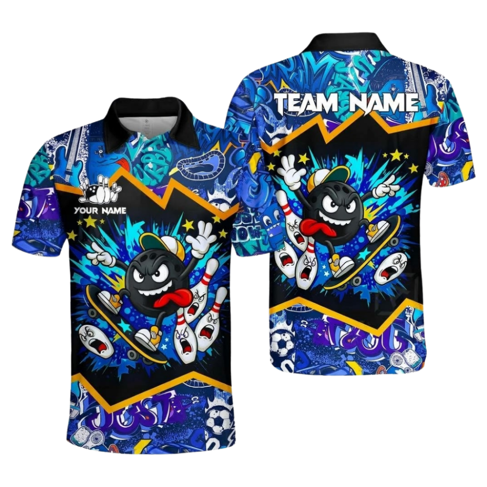 Custom Funny Ball Pin Bowling Mens Polo Shirts Black And Blue, Custom Funny Bowling Team Shirts BZ1107