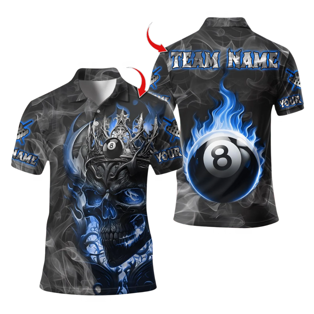 Custom Skull Blue Fire 8 Ball Polo Billiard Shirts For Men, Custom Skull Billiard Shirt For Team BIE0071