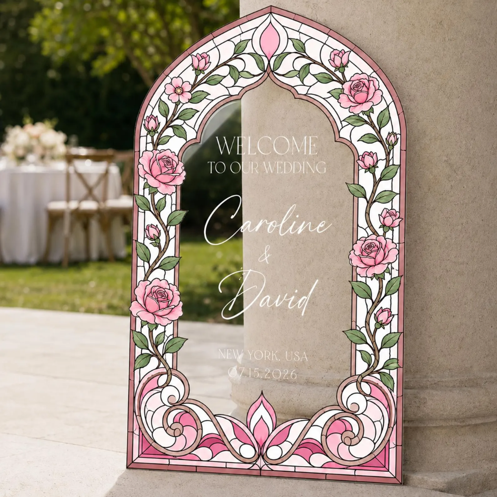 Custom Pink Magnolia Stained Glass Wedding Welcome Acrylic Mirror Sign, Custom Floral Stained Glass Wedding Sign WD0731