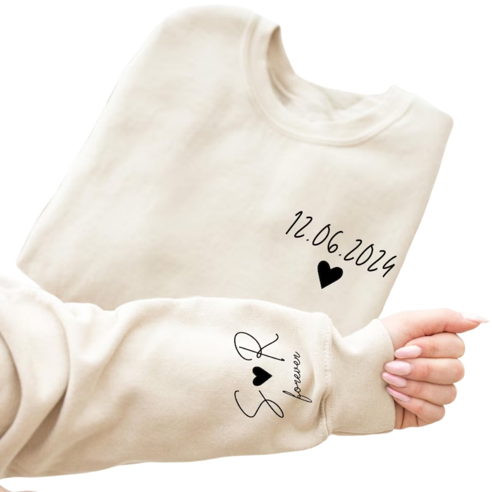 Custom Date Couple Sweatshirt With Initials On Sleeve, Custom Sweatshirt For Valentine Day 2D0817