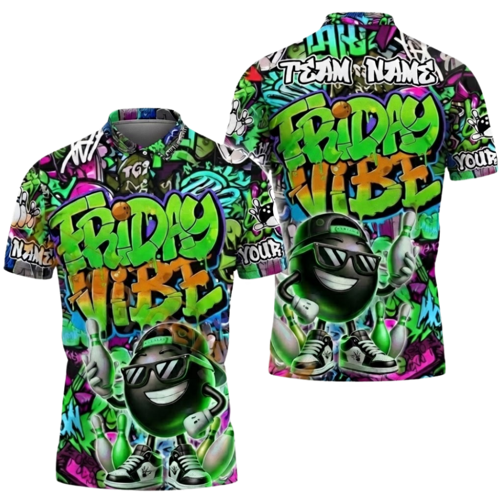 Friday Vibe Custom Funny Bowling Mens Polo Shirt, Custom Graffiti Bowling Team Shirts BZ0657