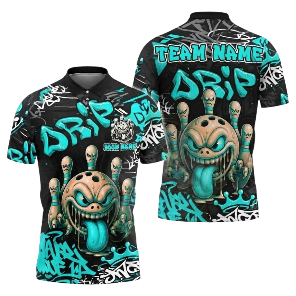 Custom Graffiti Angry Mad Bowl Men's Black Cyan Bowling Polo Shirts, Custom Graffiti Team Bowling Shirts BZ1055