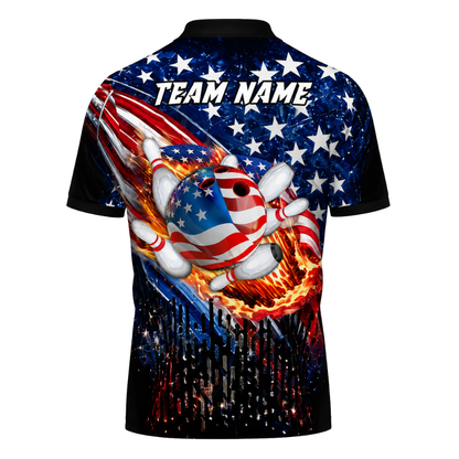 Custom American Flag Bowling Polo Shirt For Men, Custom Patriotic Bowling Team Shirts BZ0449