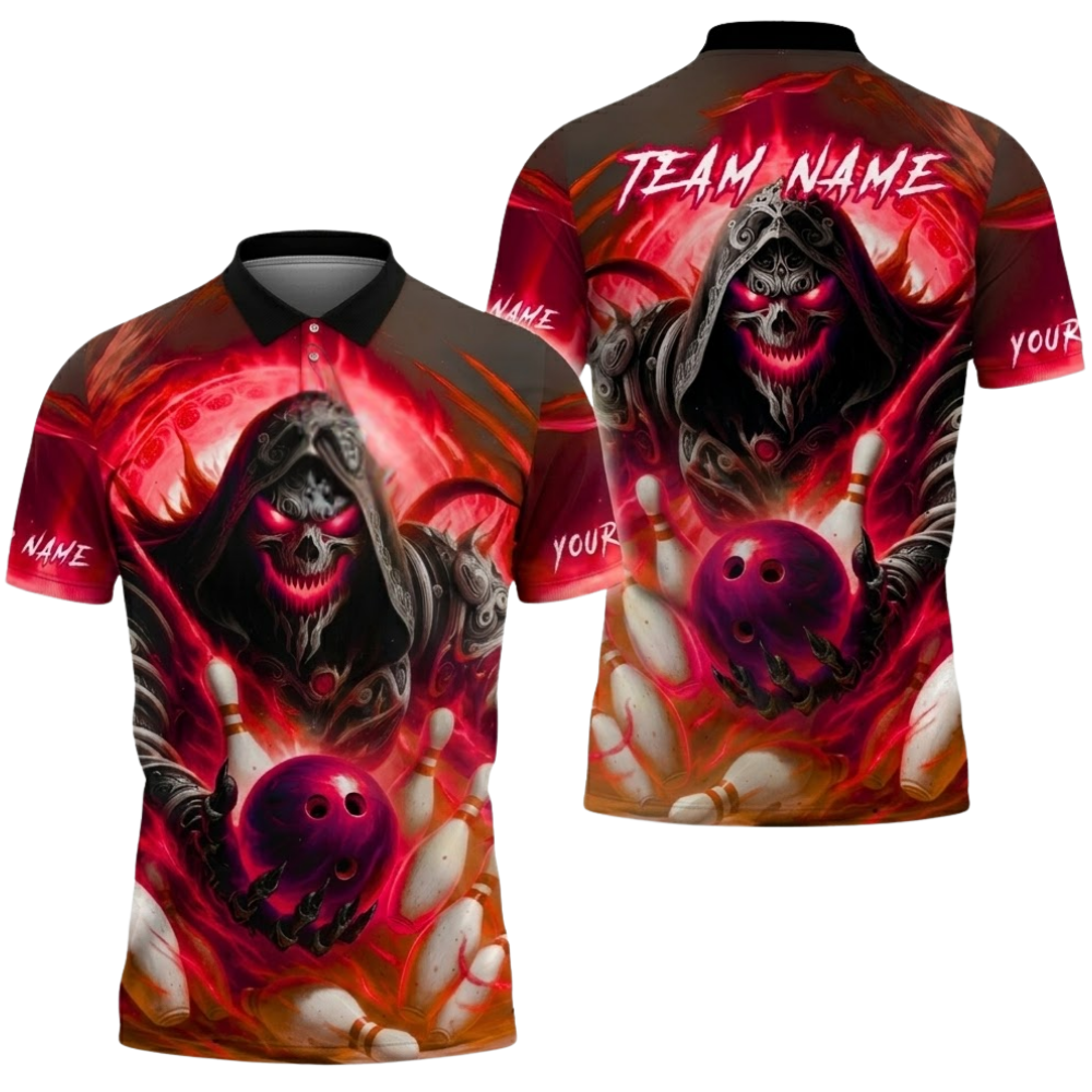 Custom Skeleton Blue Flame Bowling Polo Shirt Mens, Custom Team Skull Bowling Shirts BZ0505