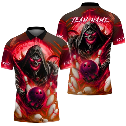 Custom Skeleton Blue Flame Bowling Polo Shirt Mens, Custom Team Skull Bowling Shirts BZ0505