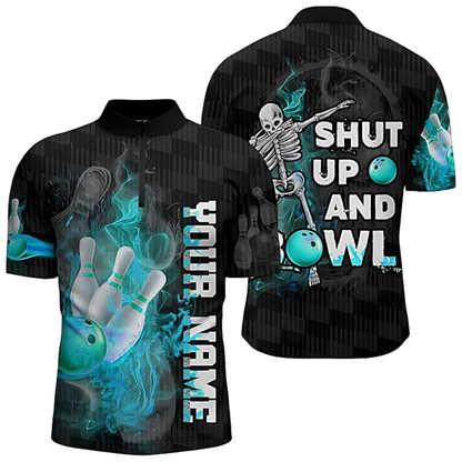 Shut Up And Bowl Custom Skeleton Flame Men's Bowling Jersey, Custom Skull Bowling Shirts  BZ0792