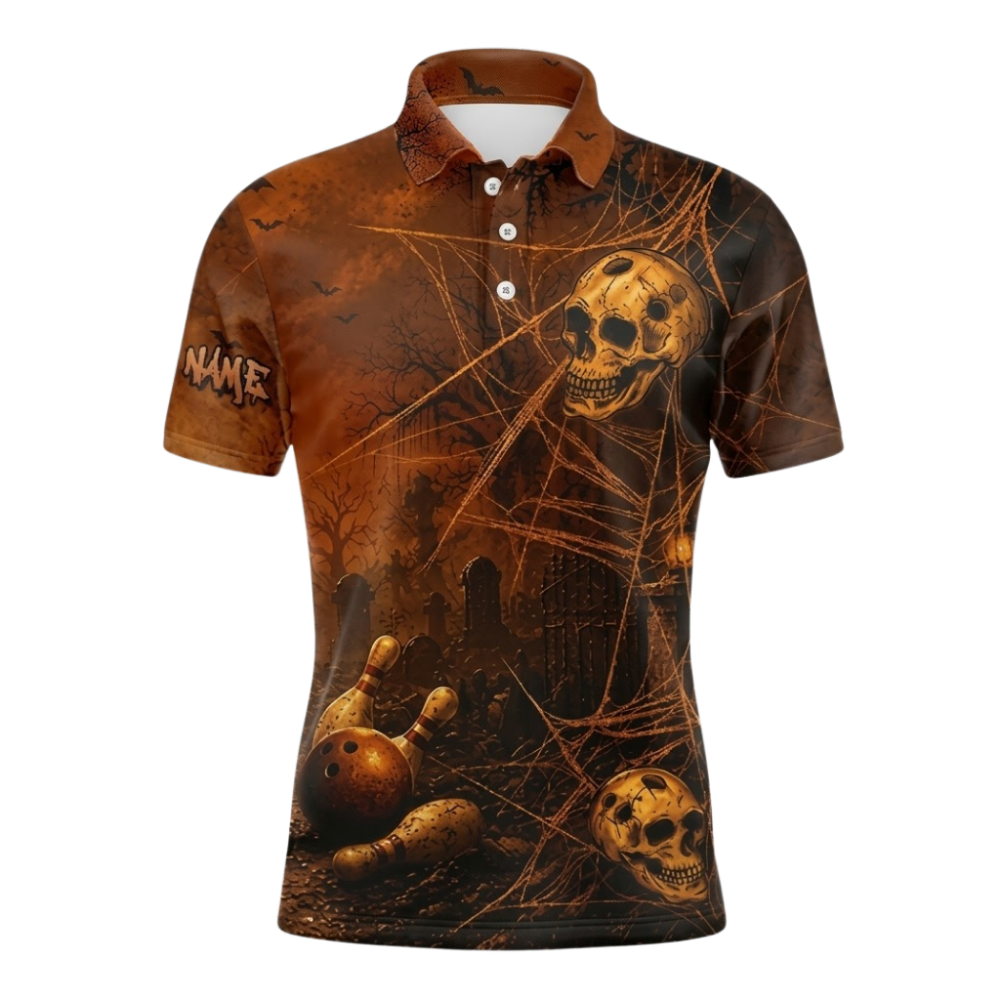 Custom Orange Skull Spider Bowling Polo Shirt For Men, Custom Skull Bowling Team Shirts BZ1090