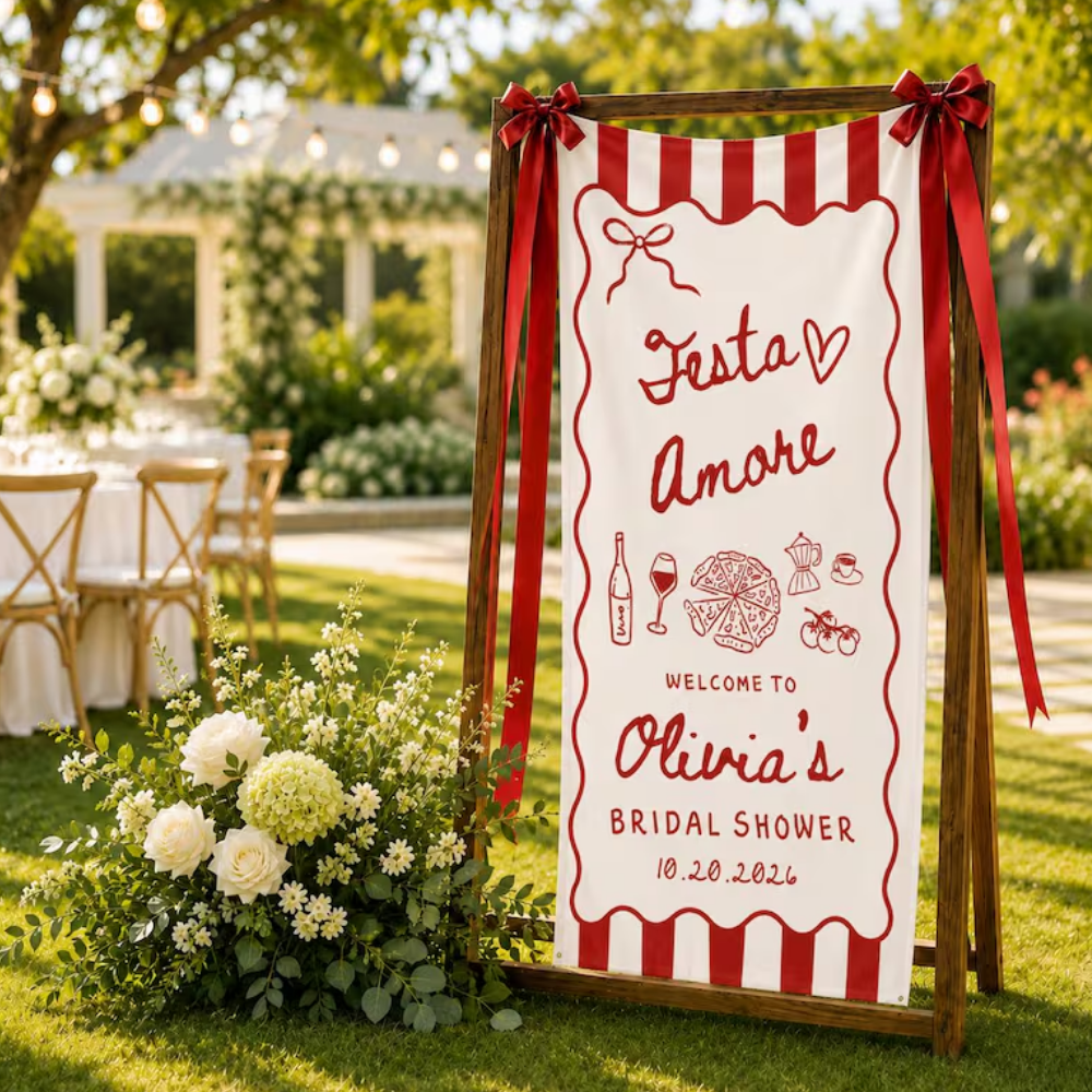 Festa Amore Custom Bridal Shower Fabric Welcome Sign White Red, Custom Italian Bridal Shower Banner WD0487