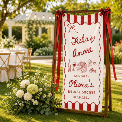 Festa Amore Custom Bridal Shower Fabric Welcome Sign White Red, Custom Italian Bridal Shower Banner WD0487