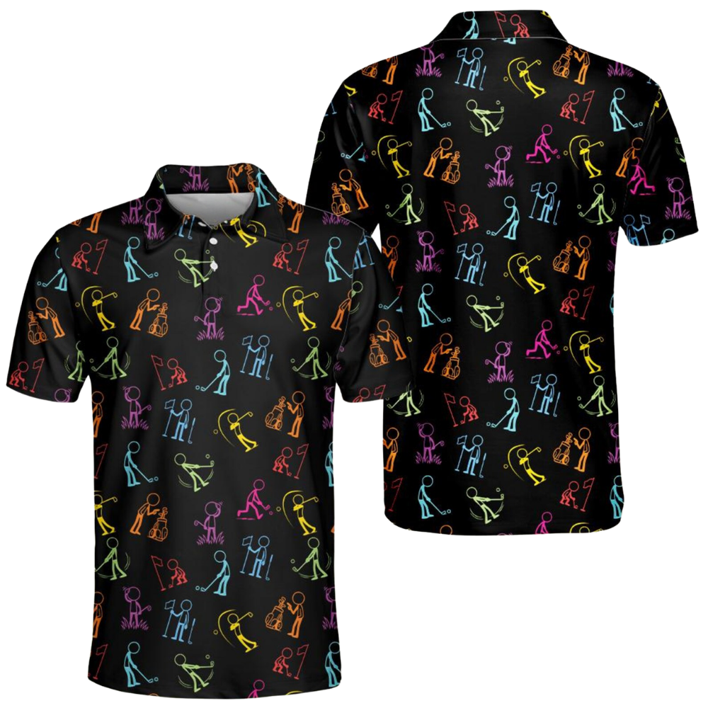Men's Neon Stick Figures Golf Polo Shirt Black, Funny Golf Shirt Men GE0572