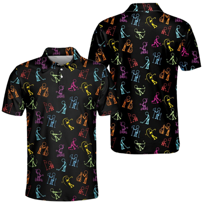 Men's Neon Stick Figures Golf Polo Shirt Black, Funny Golf Shirt Men GE0572