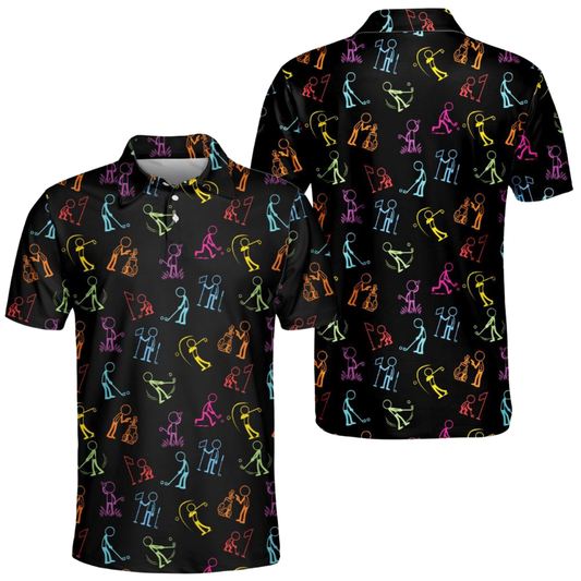 Men's Neon Stick Figures Golf Polo Shirt Black, Funny Golf Shirt Men GE0572