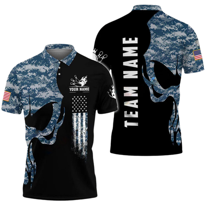 Custom Green Camouflage Skull Bowling Polo Shirt For Men, Custom Skull Bowling Team Shirts BZ0611