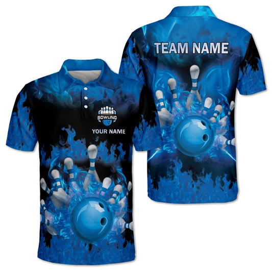 Custom Blue Flame Bowling Polo Shirts For Men, Custom Flame Bowling Team Shirts BM0346