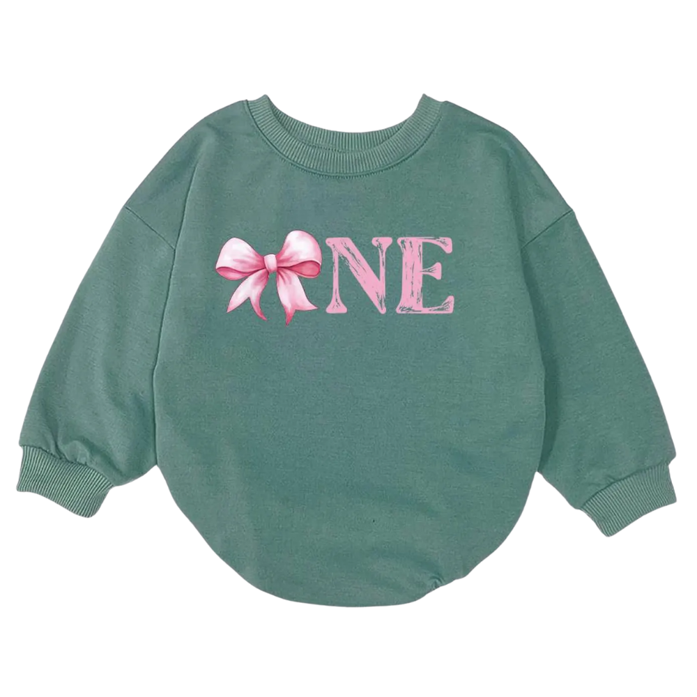 Pink Coquette Bow One Birthday Baby Romper Sweatshirt, First Birthday Romper Sweatshirt BB0112