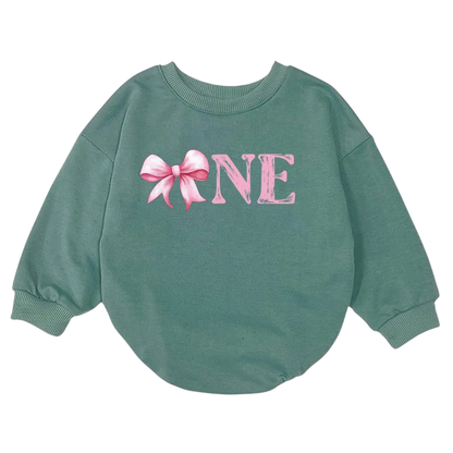Pink Coquette Bow One Birthday Baby Romper Sweatshirt, First Birthday Romper Sweatshirt BB0112