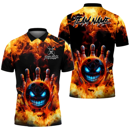 Custom Flame Angry Ball Bowling Polo Shirt For Men, Custom Flame Bowling Team Shirts BZ0551
