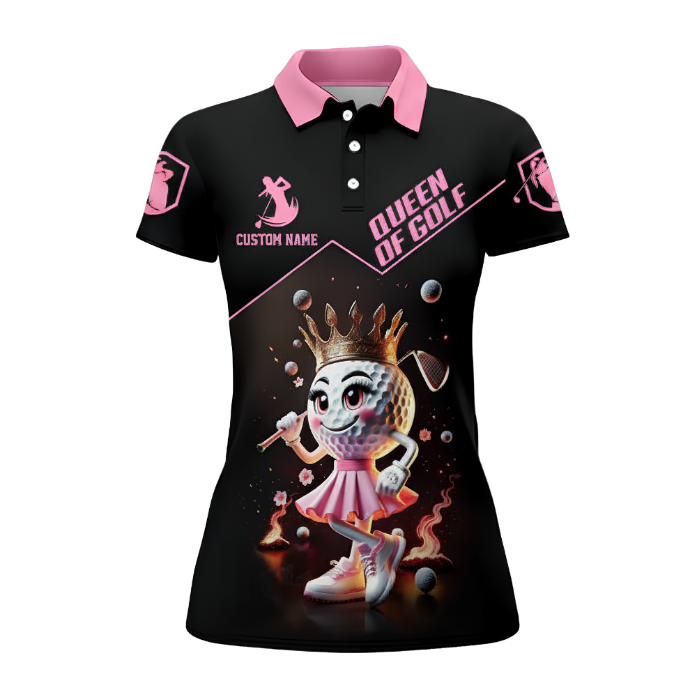 Queen Of Golf Women's Custom Black Pink Golf Polo Shirt, Custom Golf Shirts For Ladies GZ0271