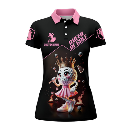 Queen Of Golf Women's Custom Black Pink Golf Polo Shirt, Custom Golf Shirts For Ladies GZ0271