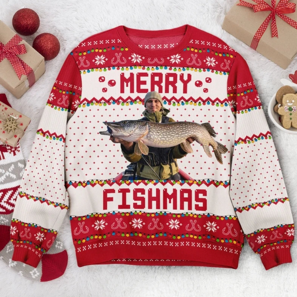 Merry Fishmas Custom Photo Ugly Christmas Sweatshirt For Men, Custom Fishing Lover Xmas Sweatshirt 2D1052