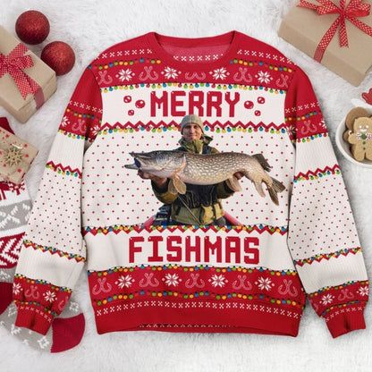 Merry Fishmas Custom Photo Ugly Christmas Sweatshirt For Men, Custom Fishing Lover Xmas Sweatshirt 2D1052