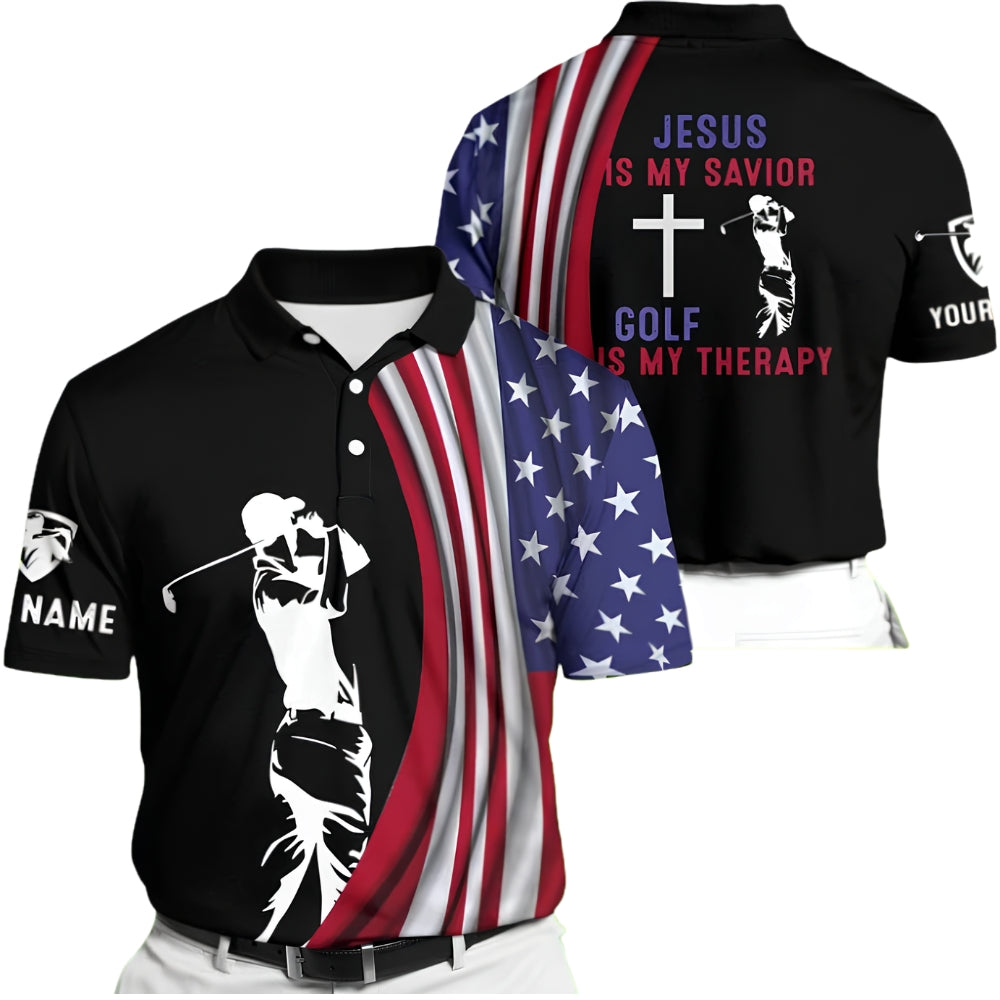 Jesus Is My Savior Golf Is My Therapy Custom American Flag Golf Polo Shirt Men, Custom Christian Patriotic Golf Shirts GZ0220