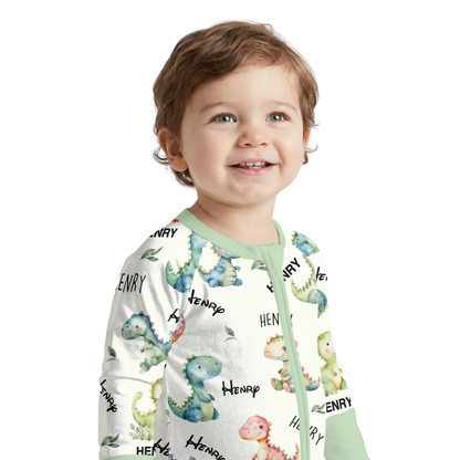 Dinosaur Custom Name Baby Romper Convertible Zipper Romper, Personalized Dinosaur Convertible Romper For Baby BB0646