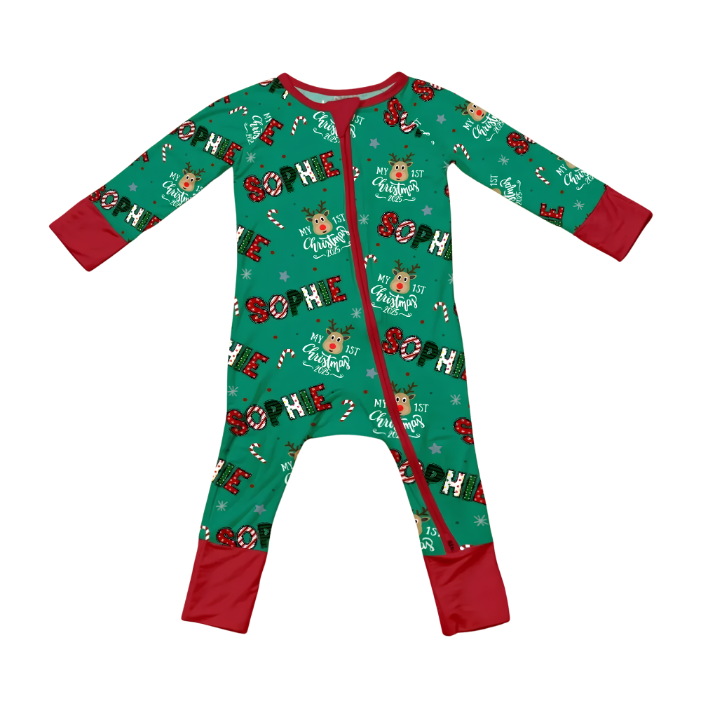 My First Christmas Custom Name Baby Convertible Zipper Romper Green, Custom 1st Christmas Convertible Baby Romper BB0647