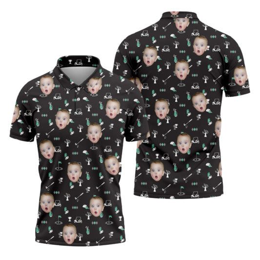 Custom Kid Face Golf Polo Shirt For Men Black, Custom Photo Golf Shirts For Father's Day GZ0221