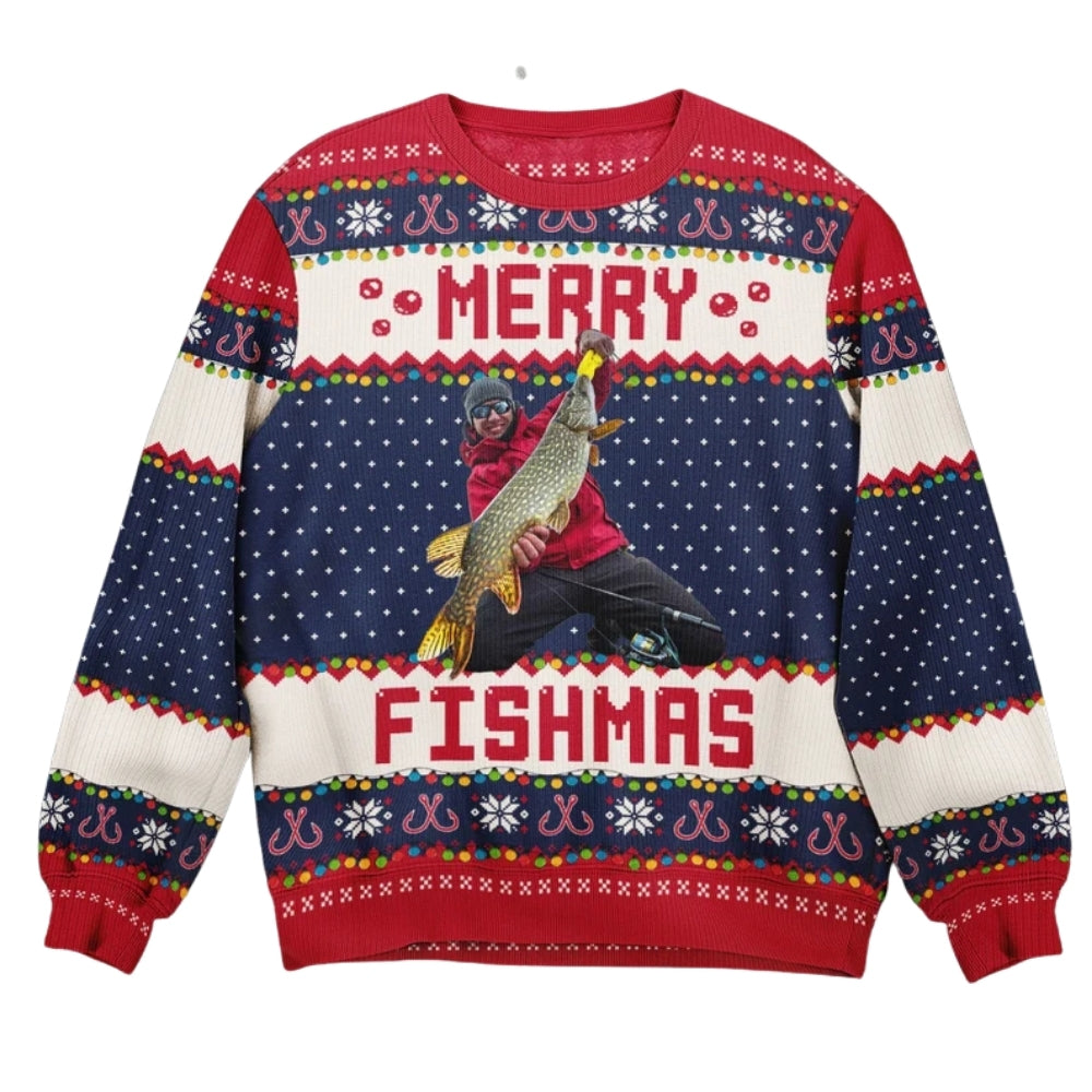 Merry Fishmas Custom Photo Ugly Christmas Sweatshirt For Men, Custom Fishing Lover Xmas Sweatshirt 2D1052
