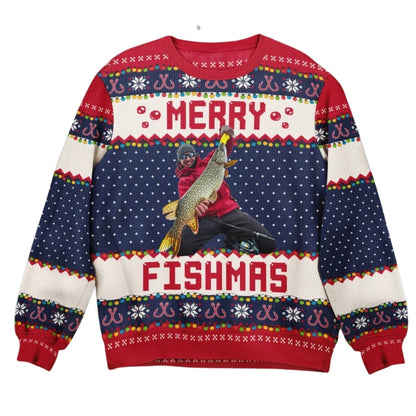 Merry Fishmas Custom Photo Ugly Christmas Sweatshirt For Men, Custom Fishing Lover Xmas Sweatshirt 2D1052