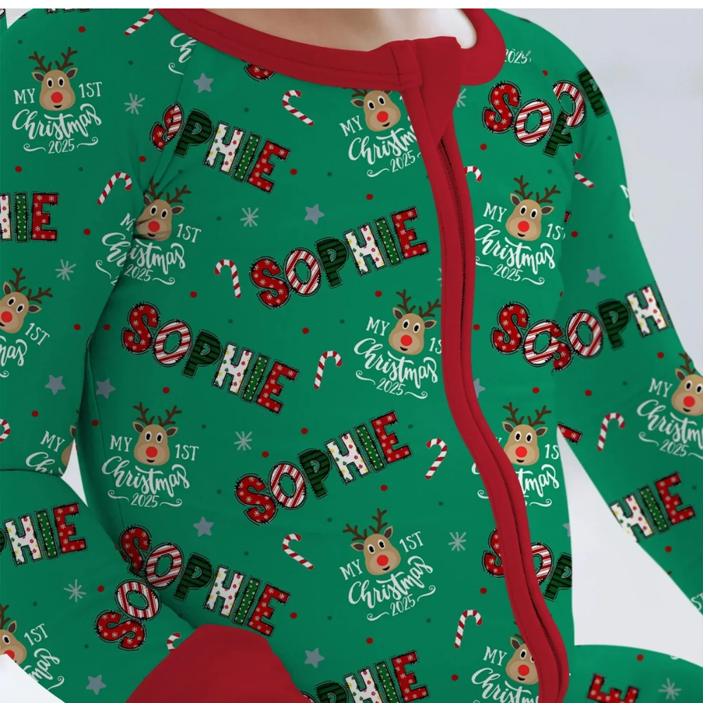 My First Christmas Custom Name Baby Convertible Zipper Romper Green, Custom 1st Christmas Convertible Baby Romper BB0647