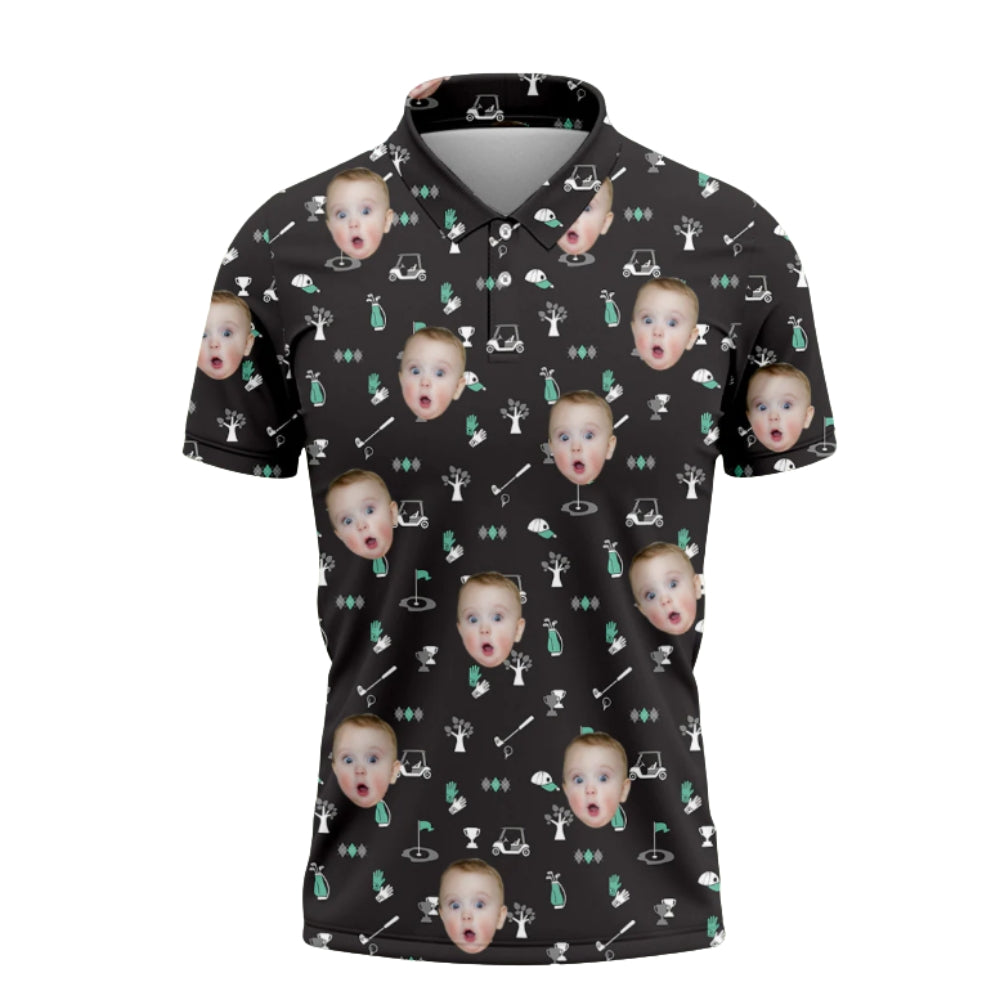 Custom Kid Face Golf Polo Shirt For Men Black, Custom Photo Golf Shirts For Father's Day GZ0221
