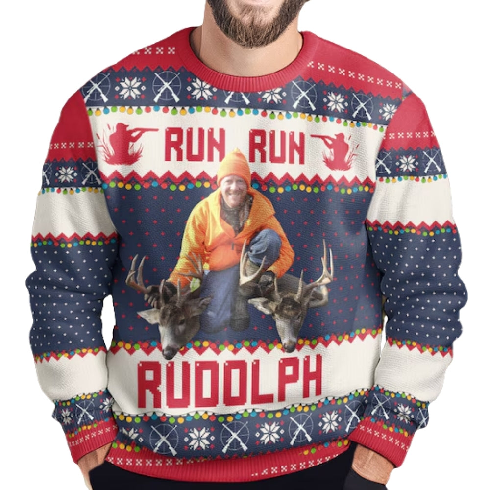 Run Run Rudolph Custom Photo Hunting Ugly Christmas Sweatshirt, Custom Hunt Lover Xmas Sweater 2D1056