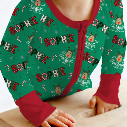 My First Christmas Custom Name Baby Convertible Zipper Romper Green, Custom 1st Christmas Convertible Baby Romper BB0647