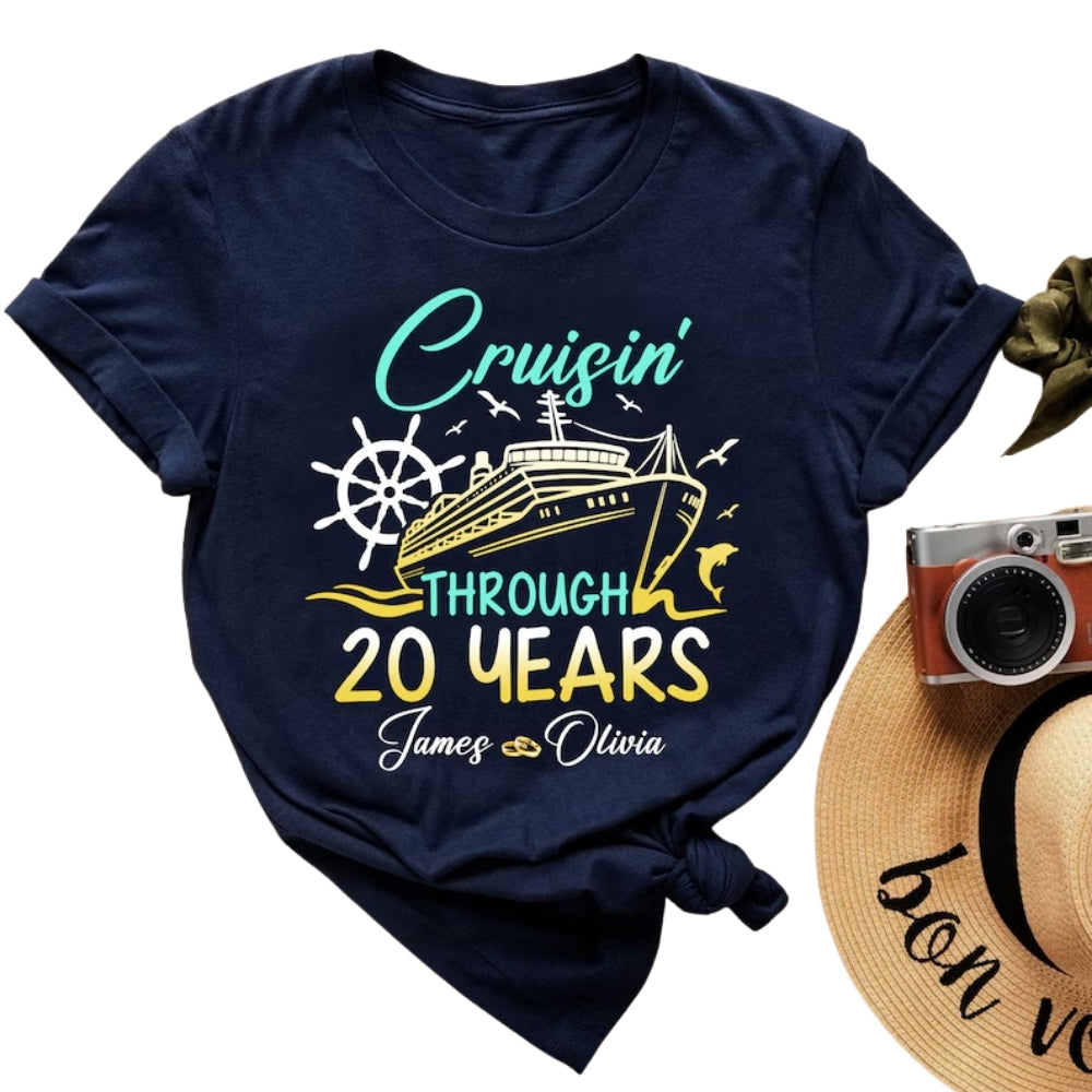 Cruisin Through 20 Years Personalized His And Her Matching T Shirt, Custom Cruise 20th Anniversary Matching Shirts For Couples ET0751