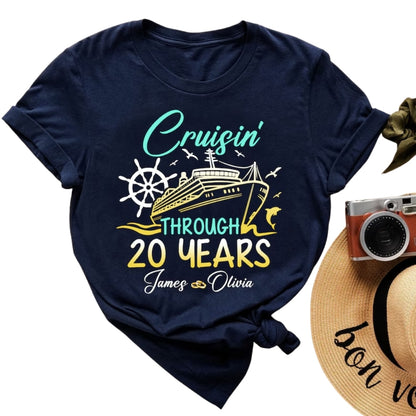 Cruisin Through 20 Years Personalized His And Her Matching T Shirt, Custom Cruise 20th Anniversary Matching Shirts For Couples ET0751