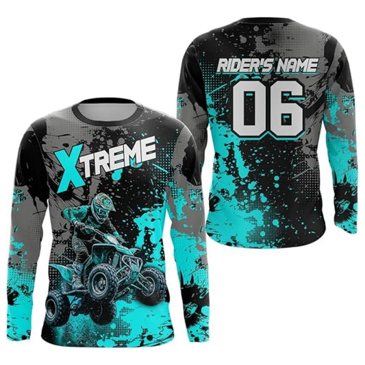 Custom ATV Black Cyan Long Sleeve Jersey For Men, Custom ATV Shirts MZ0046