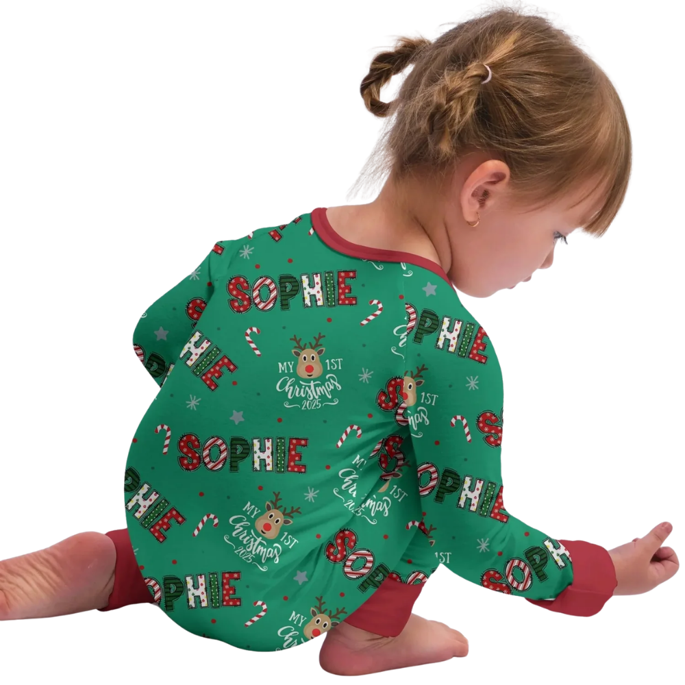My First Christmas Custom Name Baby Convertible Zipper Romper Green, Custom 1st Christmas Convertible Baby Romper BB0647