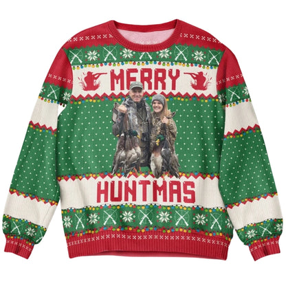 Run Run Rudolph Custom Photo Hunting Ugly Christmas Sweatshirt, Custom Hunt Lover Xmas Sweater 2D1056