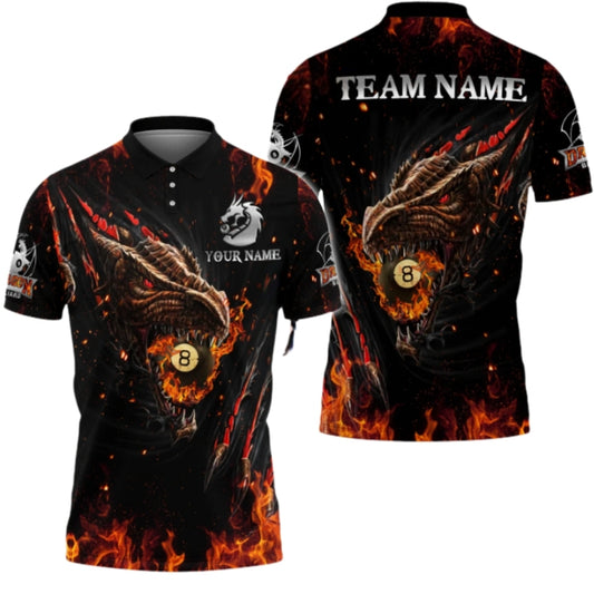 Custom Dragon Flaming 8 Ball Men's Billiard Polo Shirt, Custom Dragon Billiard Team Shirts BIZ0307