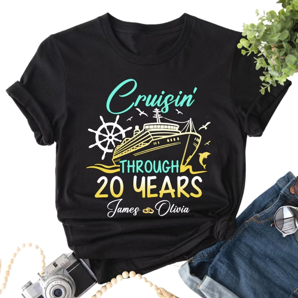 Cruisin Through 20 Years Personalized His And Her Matching T Shirt, Custom Cruise 20th Anniversary Matching Shirts For Couples ET0751